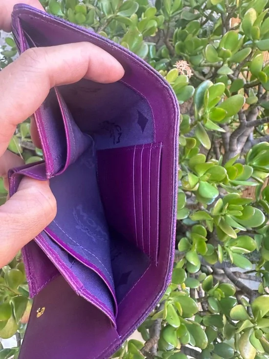 MCM Purple Saffiano Leather Logo Plaque Wallet with Gold Studs - Picture 7 of 12